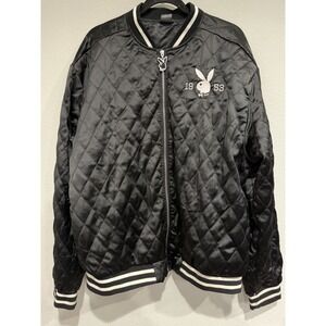 Playboy Quilted Jacket Mens Size XL Black Full Zip Logo Bunny Embroidered Back